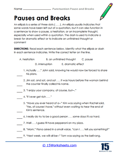 Practice worksheet 19 on placing dashes to indicate breaks in eighth grade phonics Eighth grade phonics worksheet for using dashes to show pauses in sentences