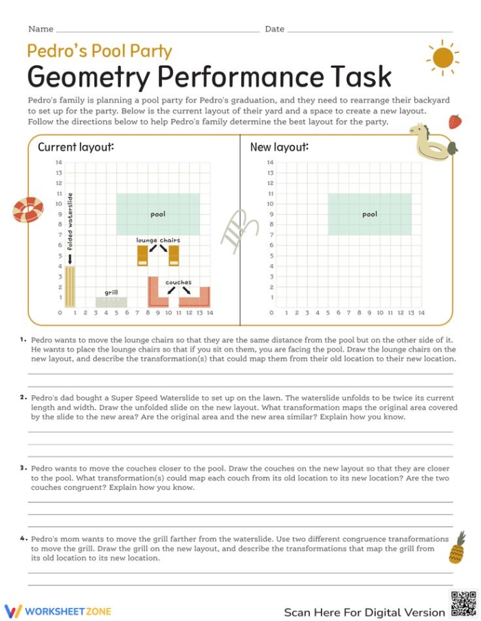 Students working on Pedro's Pool Party geometry task with transformations in a backyard setting