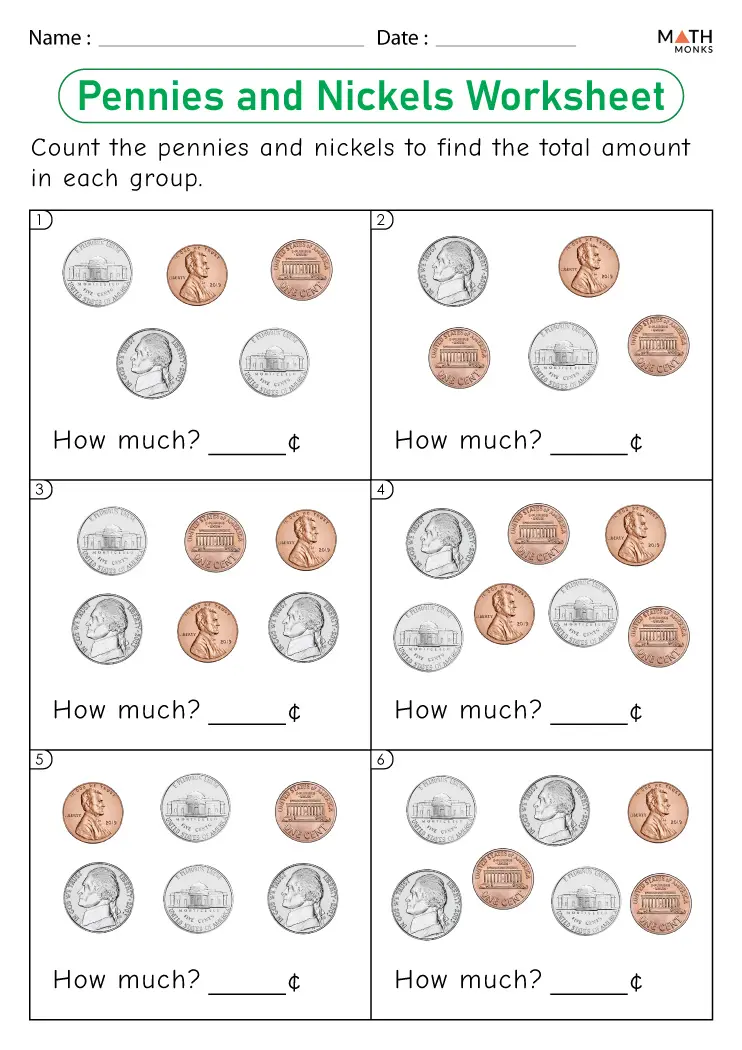Kindergarten students picking out pennies from various coins to practice coin recognition Children identifying and selecting penny coins from a group of mixed coins on a kindergarten math worksheet