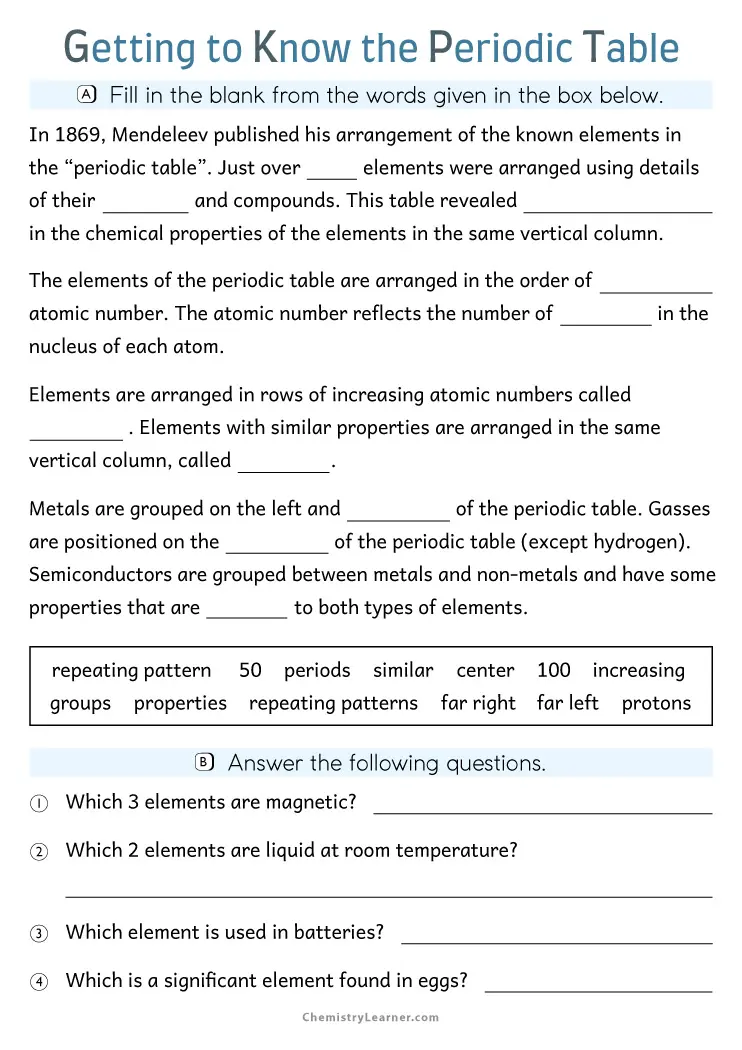 Fifth grade worksheet showing how to read the periodic table with element symbols and atomic numbers