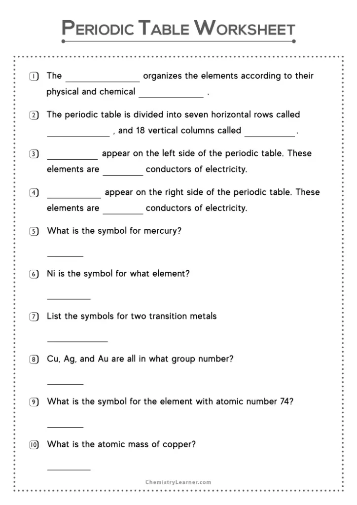 Fifth grade worksheet on the history and development of the periodic table