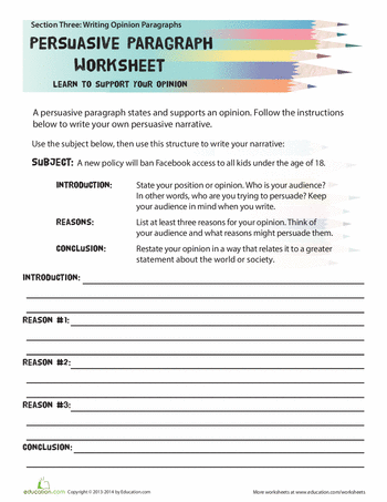 Fourth grade student worksheet showing a persuasive paragraph outline template with sections for topic sentence, reasons, and concluding statement