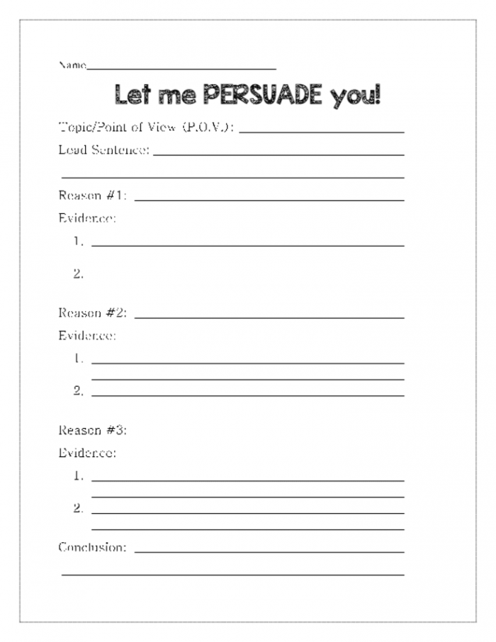 Fourth grade students completing a persuasive paragraph outline worksheet with sections for topic sentence, reasons, and supporting details