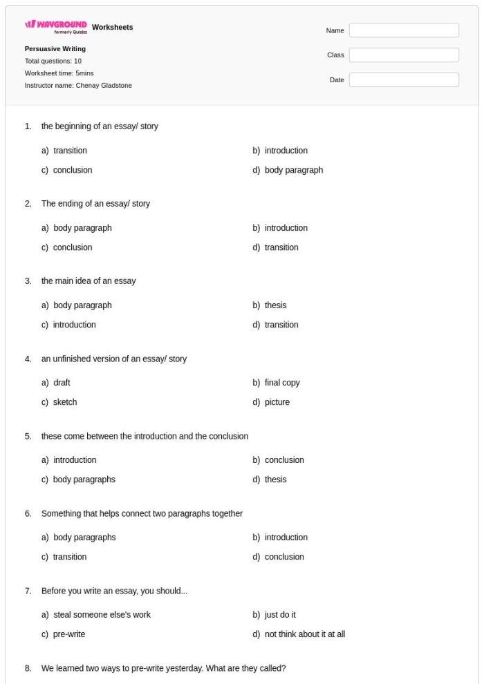 Fourth grade worksheet for persuasive writing about soda with structured paragraph sections