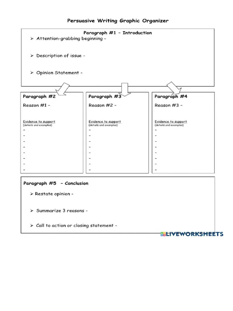 Persuasive Writing Graphic Organizer Template for Elementary Students Image 9 A third grade student worksheet template for organizing persuasive writing with sections for topic sentence, supporting reasons, and conclusion