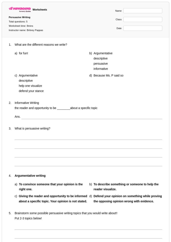 Fourth grade worksheet for persuasive writing about soda with structured paragraph prompts