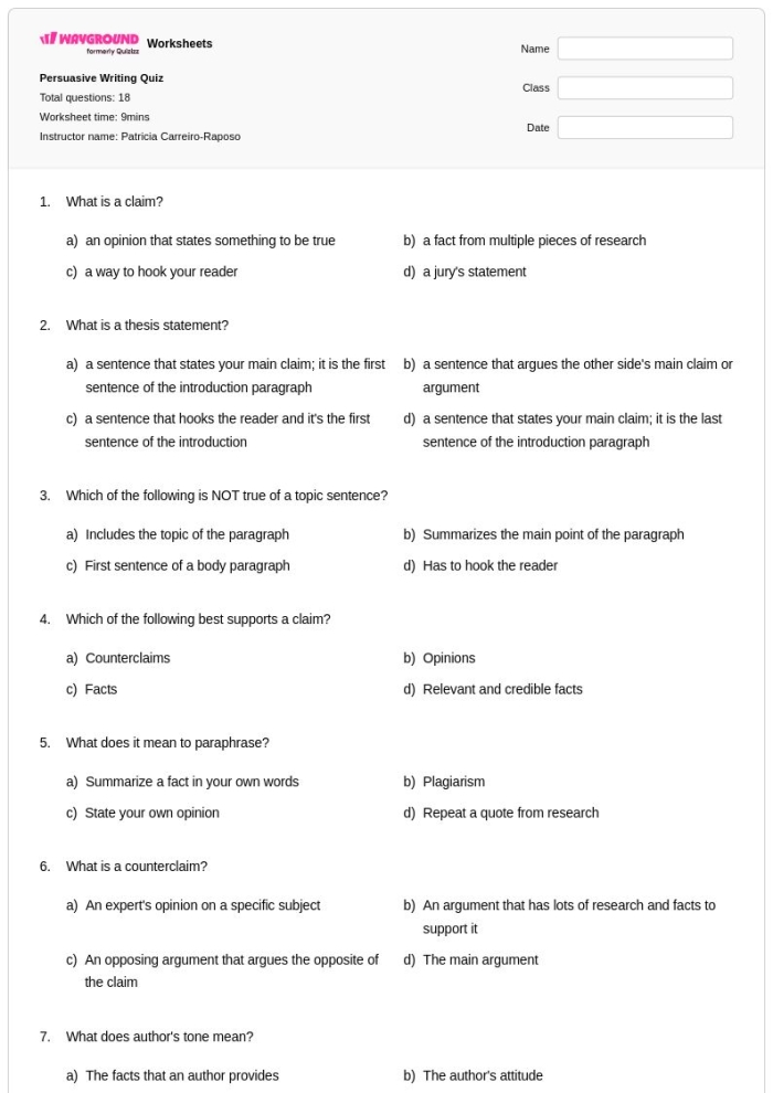 Fourth grade worksheet for persuasive writing about soda with structured paragraph prompts