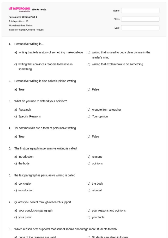 Fourth grade worksheet for persuasive writing about soda with sections for introduction, arguments, and conclusion