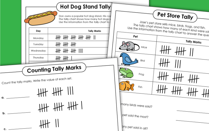 First Grade worksheet featuring adorable pet illustrations for data tally practice