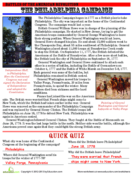 Fifth grade worksheet on the Philadelphia Campaign during the American Revolution featuring reading exercises