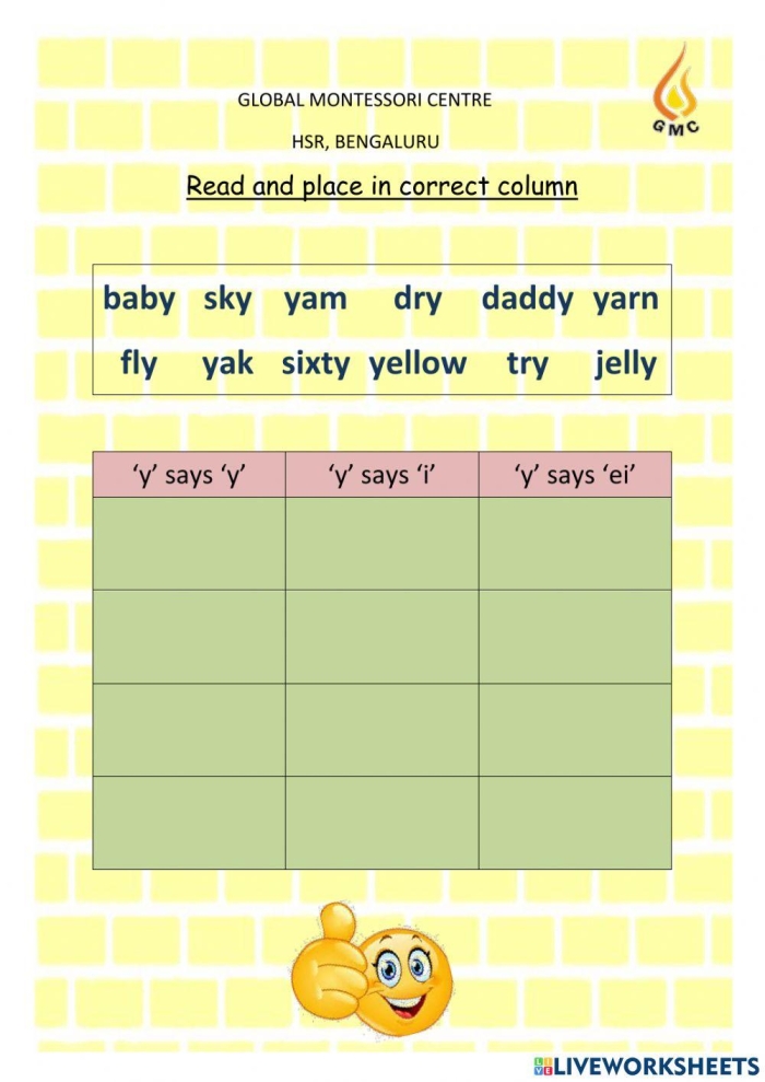 First Grade Ending Y Sort worksheet showing two columns for long E and long I sounds