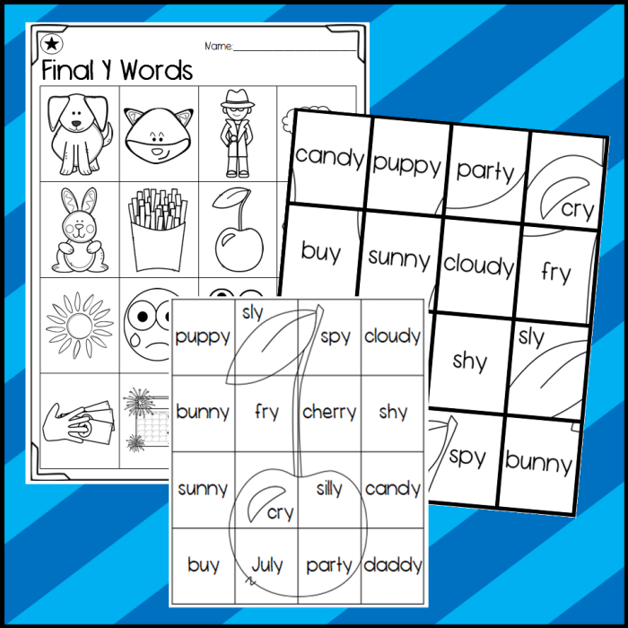 First Grade Ending Y Sort worksheet showing columns for long E and long I sounds