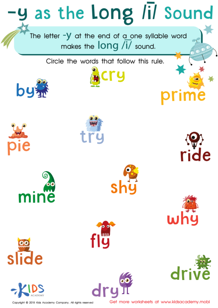 First Grade phonics worksheet focusing on Y as a long I sound