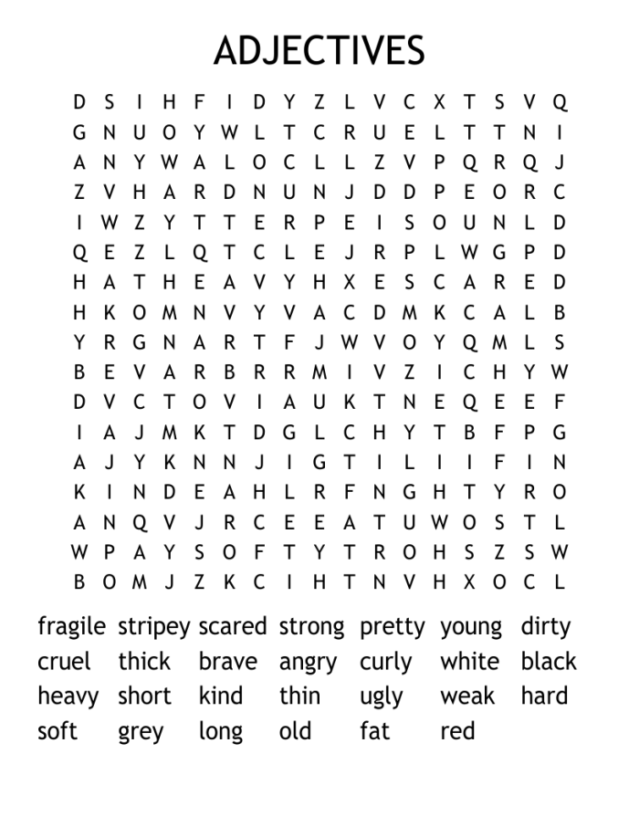 Second Grade Adjectives Crossword puzzle worksheet for phonics practice