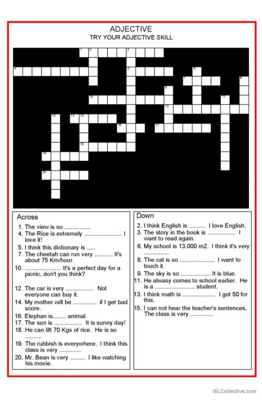 Second Grade Adjectives Crossword worksheet featuring colorful clues in a phonics activity