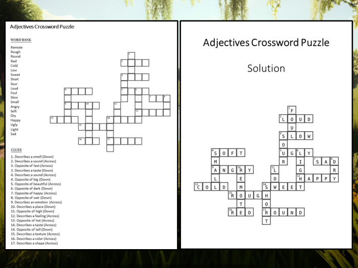 Second Grade phonics crossword featuring adjectives to complete
