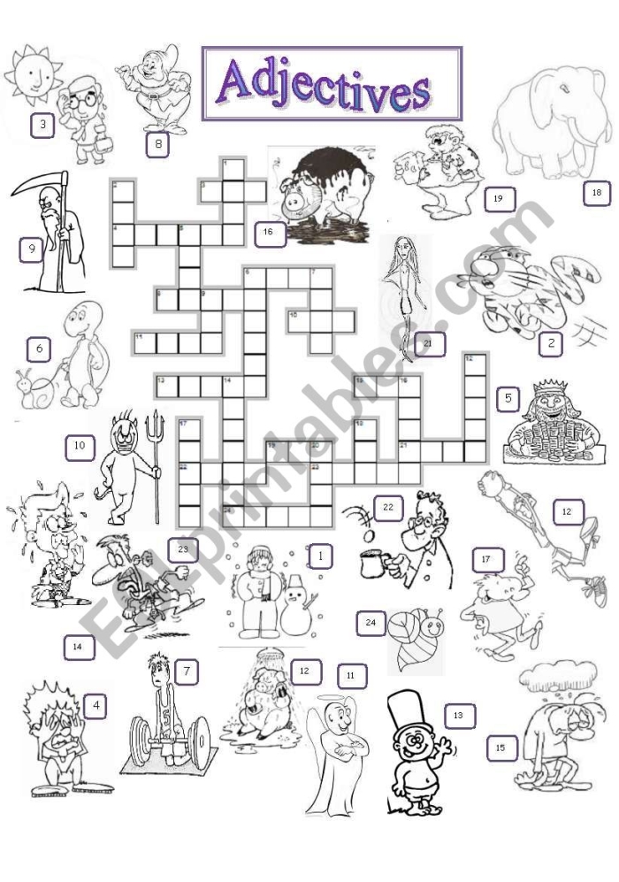 Second Grade adjectives crossword puzzle focusing on phonics skills with colorful clues