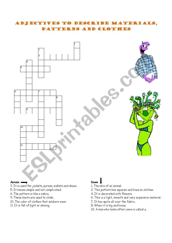 Second Grade adjectives crossword puzzle for phonics practice with colorful clues