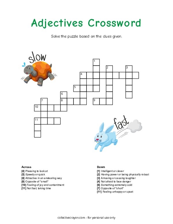 Second Grade adjectives crossword puzzle focused on phonics with colorful clues and answers