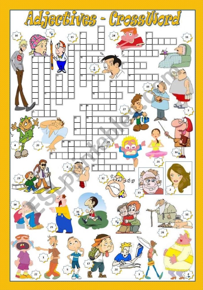 Second Grade adjectives crossword puzzle focused on phonics with colorful clues and answers