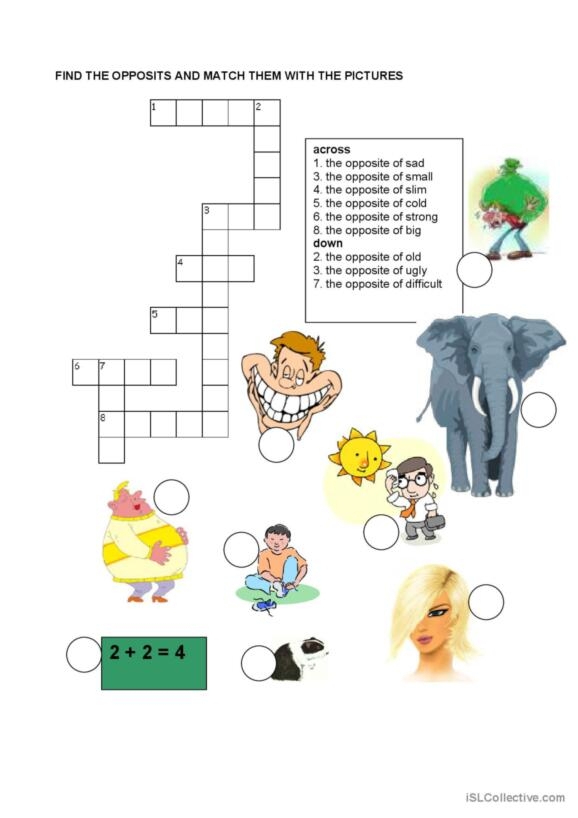 Second Grade adjectives crossword puzzle for phonics practice with colorful clues