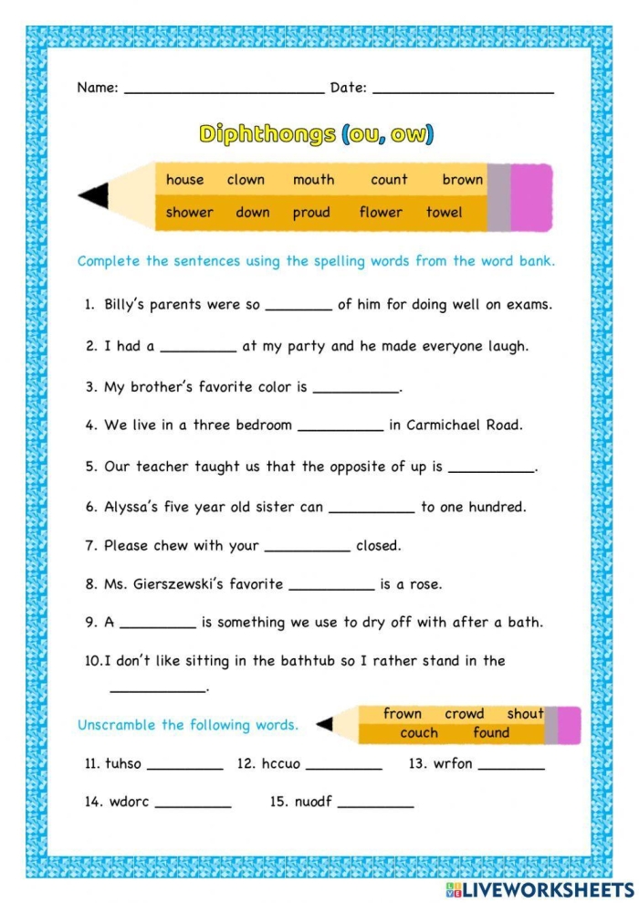 First grade children practicing vowel diphthong AW with a phonics worksheet