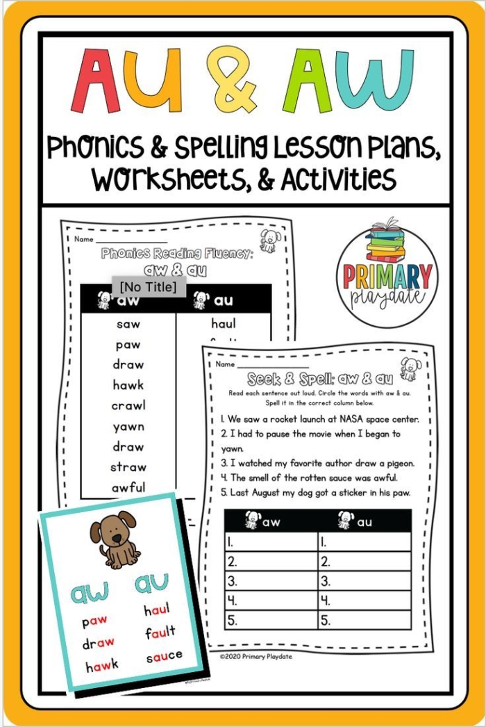 First grade students practicing the AW vowel diphthong with a fun phonics worksheet