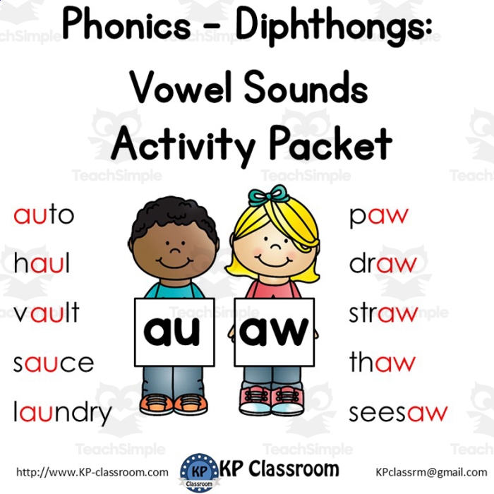 First grade students practicing AW vowel diphthongs on a phonics worksheet
