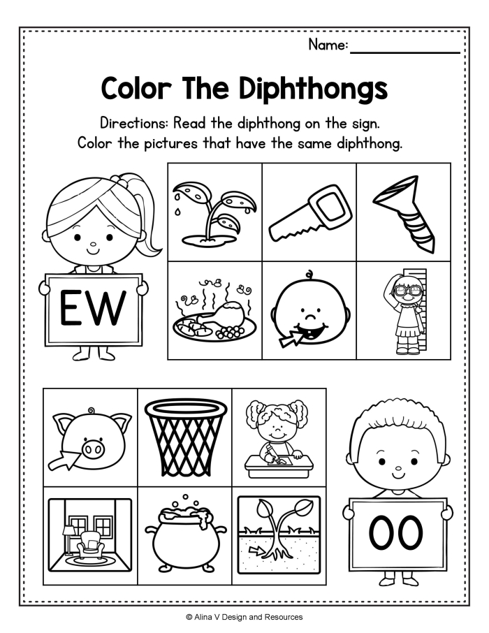 First graders completing a vowel diphthongs AW phonics worksheet to improve spelling