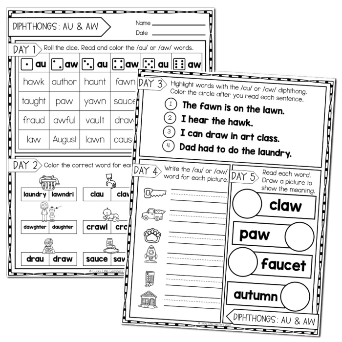 First grade students practicing the AW vowel diphthong with a phonics and spelling worksheet
