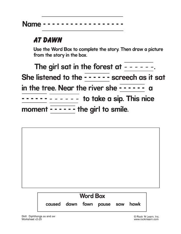 First grade students practicing AW vowel diphthongs with a fun phonics worksheet