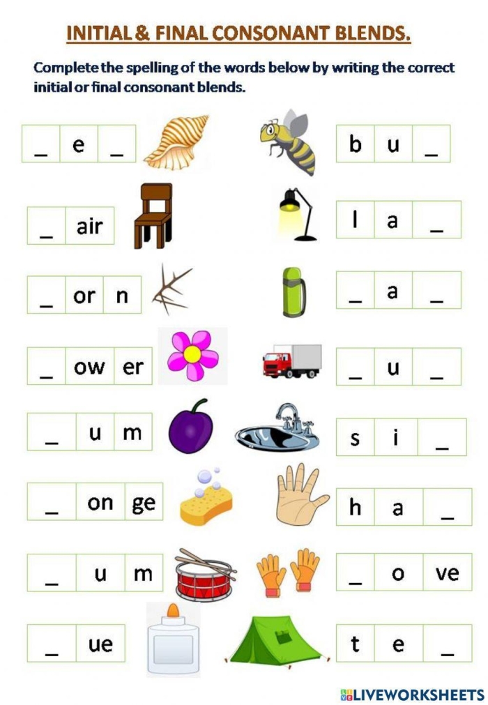Worksheet for practicing phonics and spelling with common consonant blends for fourth graders