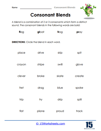 Phonics and Spelling Practice worksheet featuring common consonant blends for fourth graders