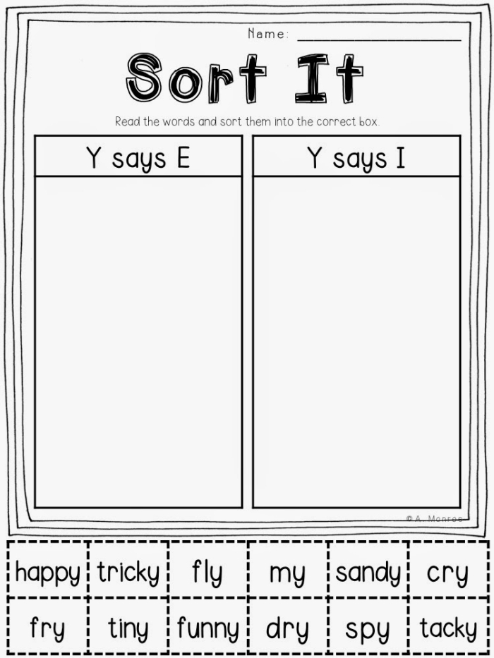 First Grade Ending Y Sort worksheet with words sorted by final Y sound