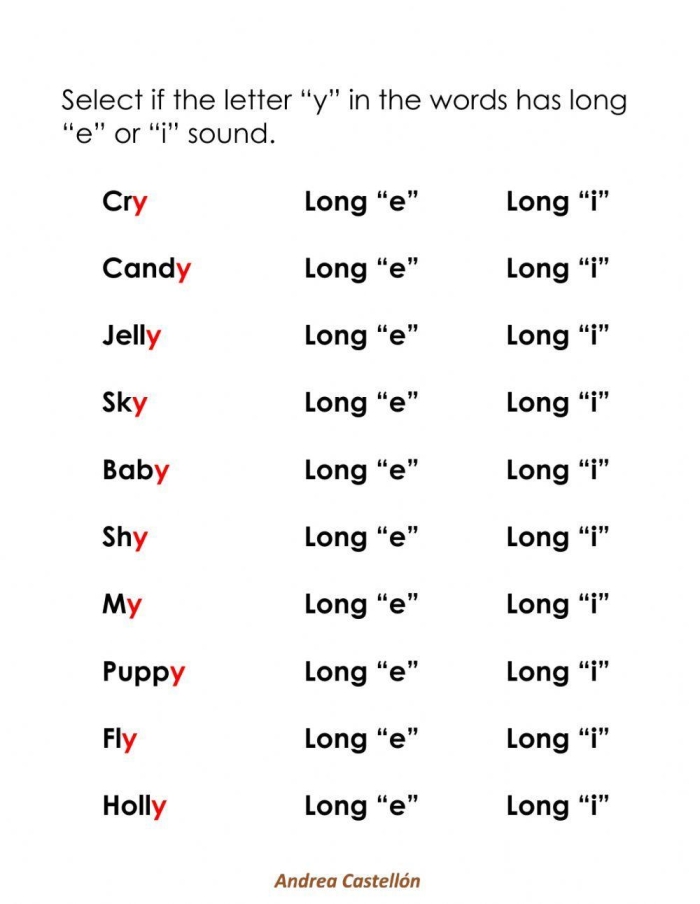 First Grade Ending Y Sort worksheet showing word columns for long E and long I sounds