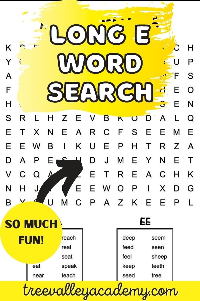 First Grade Long E Word Search puzzle focusing on phonics and fractions