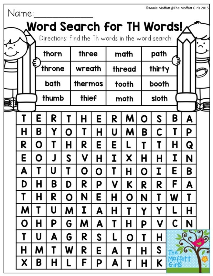 First Grade Long E Word Search with fun phonics and fractions theme