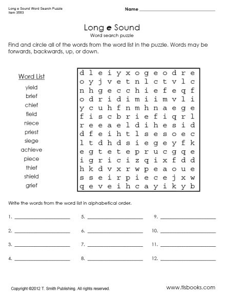 First Grade Long E Word Search puzzle focused on phonics and fractions