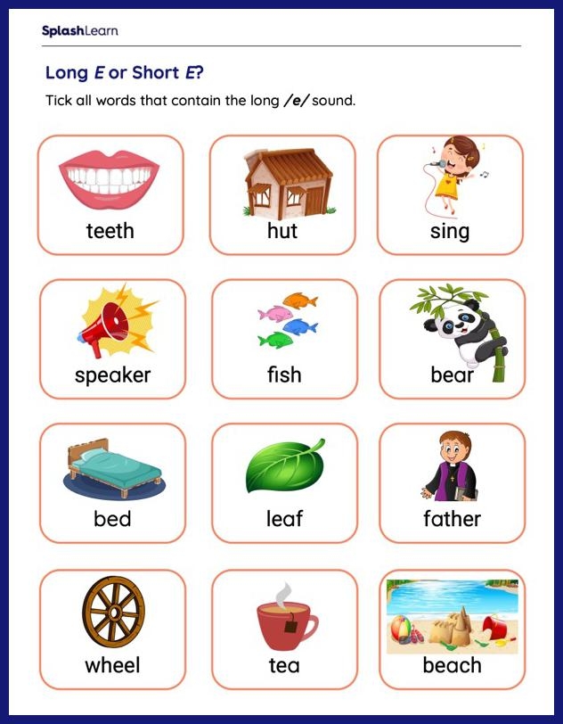 First Grade Long E Word Search worksheet focused on fractions and phonics