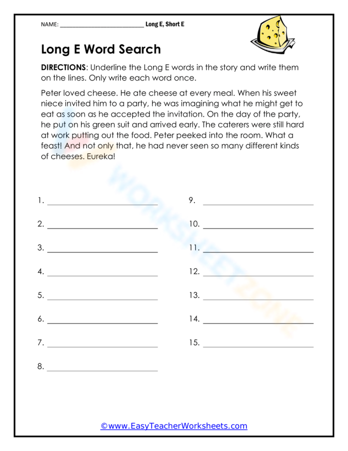 First Grade Long E Word Search worksheet with a phonics puzzle focused on long E vowel sounds