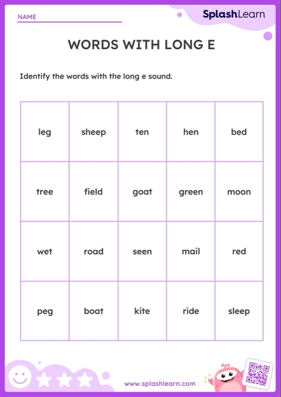 First Grade Long E Word Search worksheet with a phonics puzzle focused on long E sounds