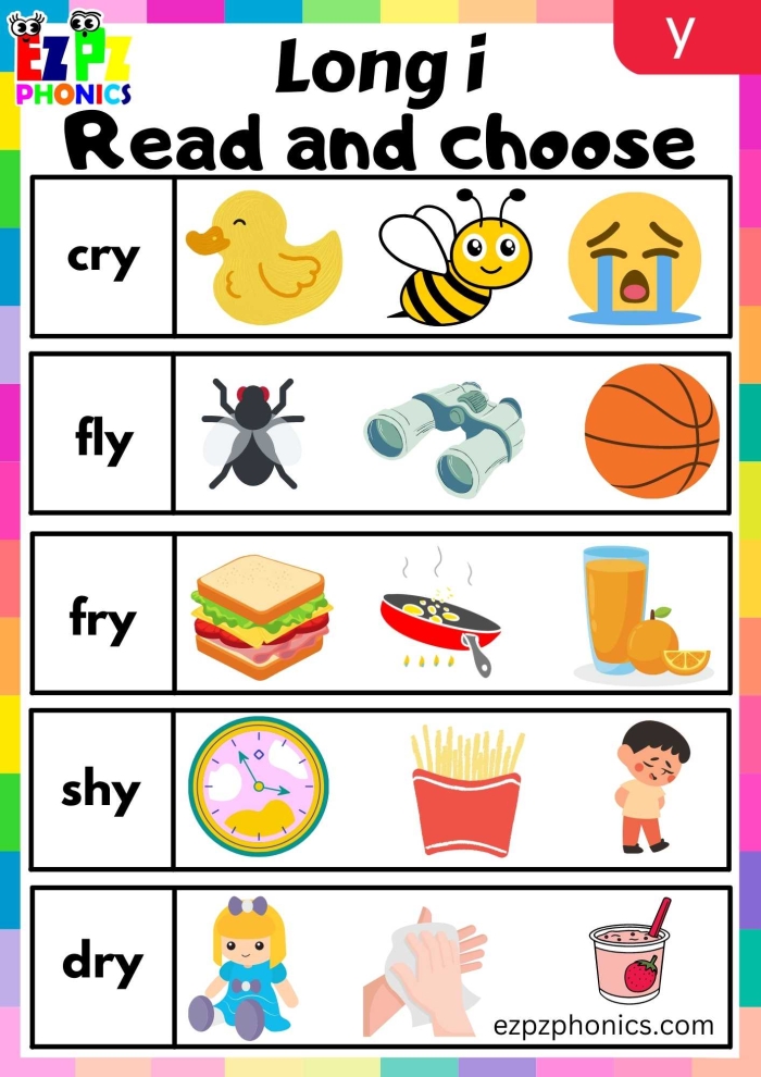 First Grade phonics worksheet focusing on Y as a long I sound in words