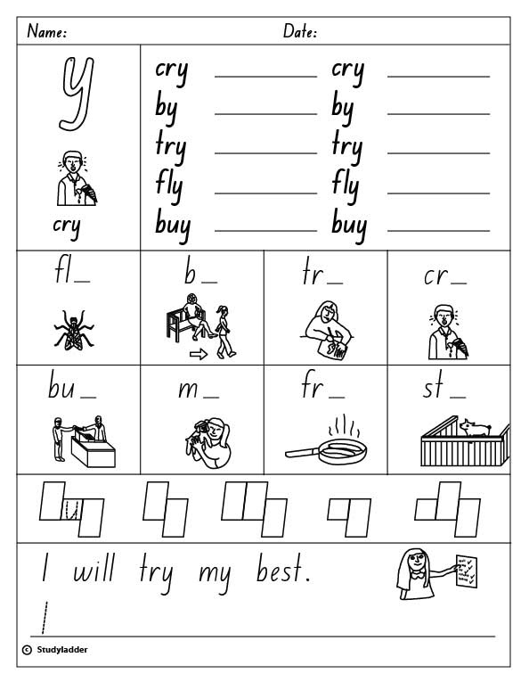 First Grade phonics worksheet showing Y making a long I sound in words
