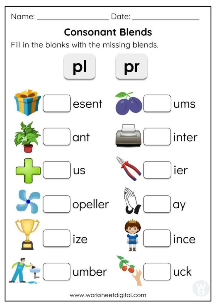 Phonics exercise sheet number 6 for mastering beginning consonant blends First Grade subtraction worksheet focusing on blending consonants for phonics practice
