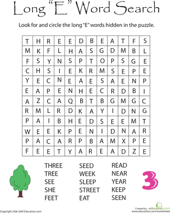 First Grade Long E word search puzzle with fun phonics and fractions theme