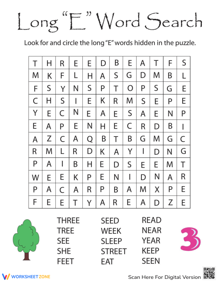 First Grade Long E Word Search puzzle focusing on phonics and fractions