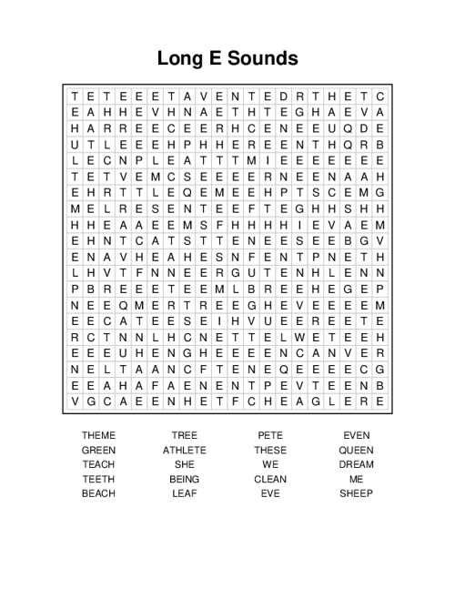 First Grade Long E Word Search worksheet with phonics practice and fractions theme