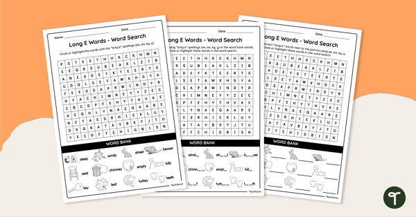 First Grade Long E Word Search worksheet with phonics puzzle