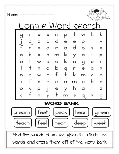 First Grade Long E Word Search puzzle focusing on phonics and fractions