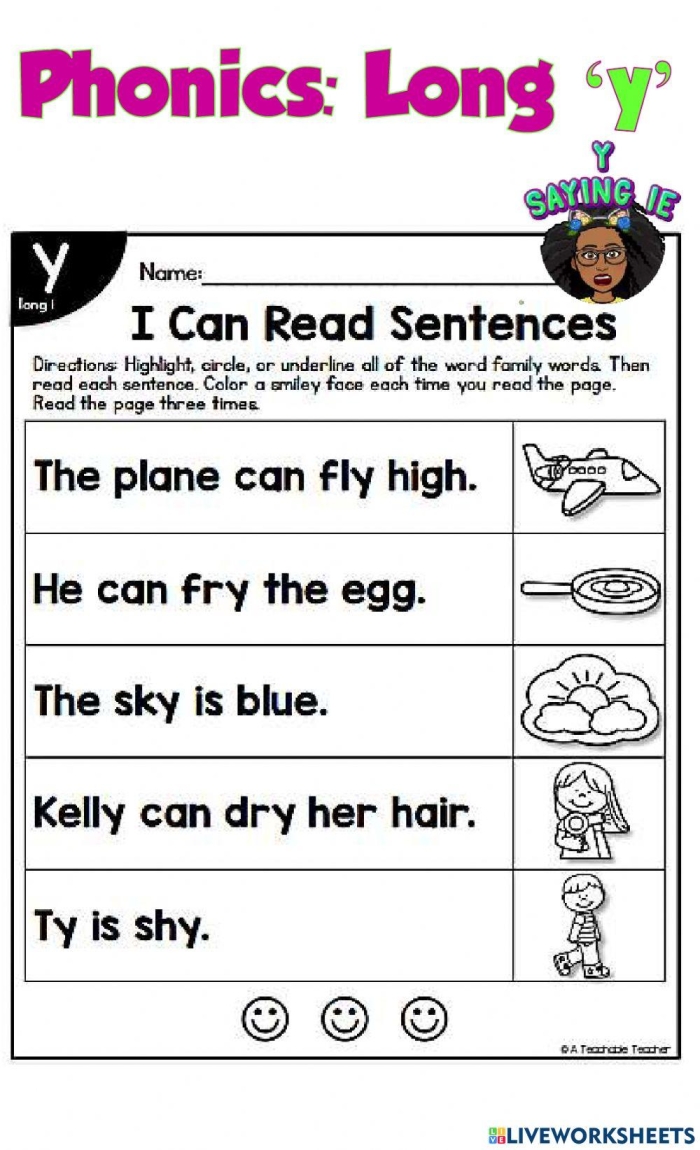 First Grade phonics worksheet focused on the letter Y making a long I sound